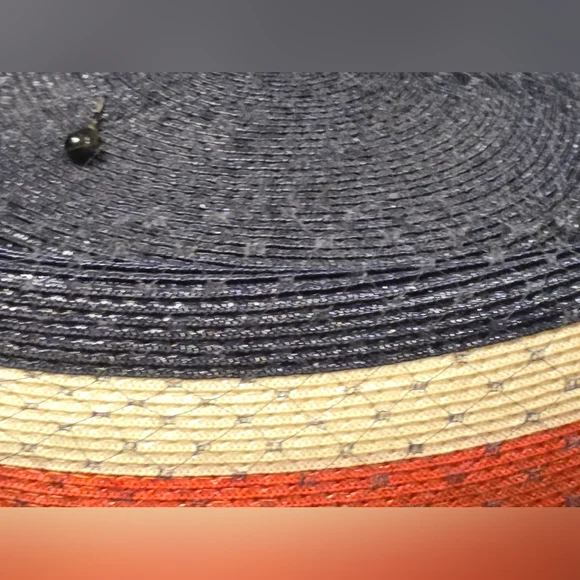 Vintage Pill Box 50s/60s Navy (Red/White/Blue) Woven Straw Veil & Bow SZ Medium - Picture 10 of 14